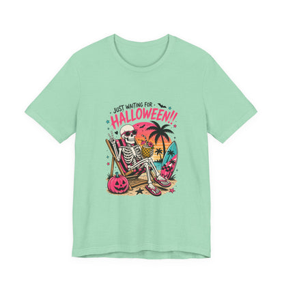 Just Waiting for Halloween Skeleton Beach Scene T-Shirt | Halloween Tee