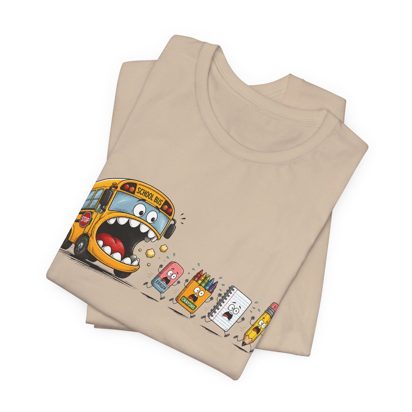 Monster School Bus Chasing School Supplies T-Shirt | Cute Cartoon Back-to-School Tee