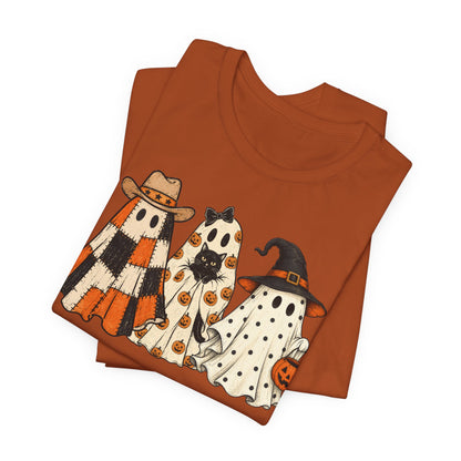 Halloween Ghost Trio T-Shirt — Cute Vintage Ghosts in Hats & Pumpkin Candy Bucket