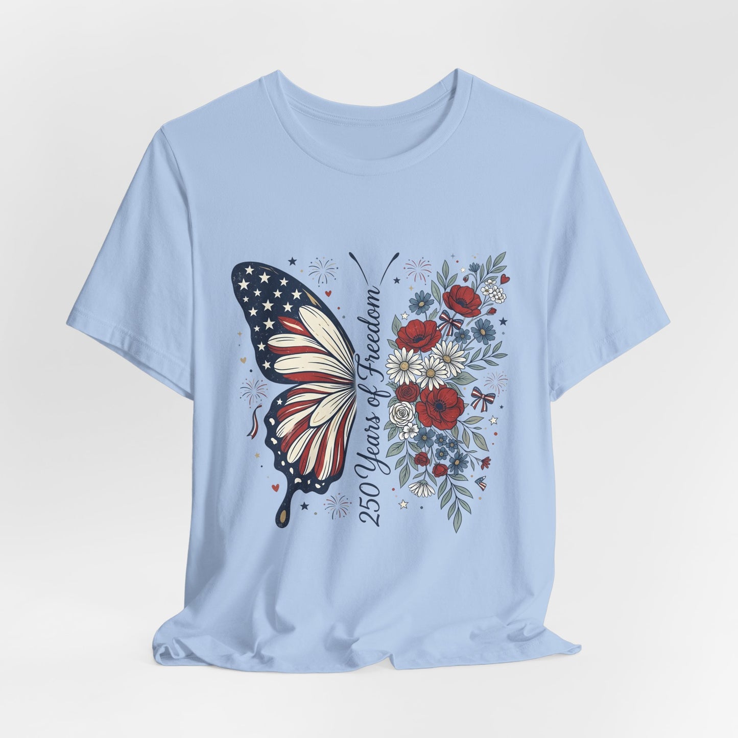 Butterfly Flag T-Shirt – "250 Years of Freedom" Patriotic Floral Tee