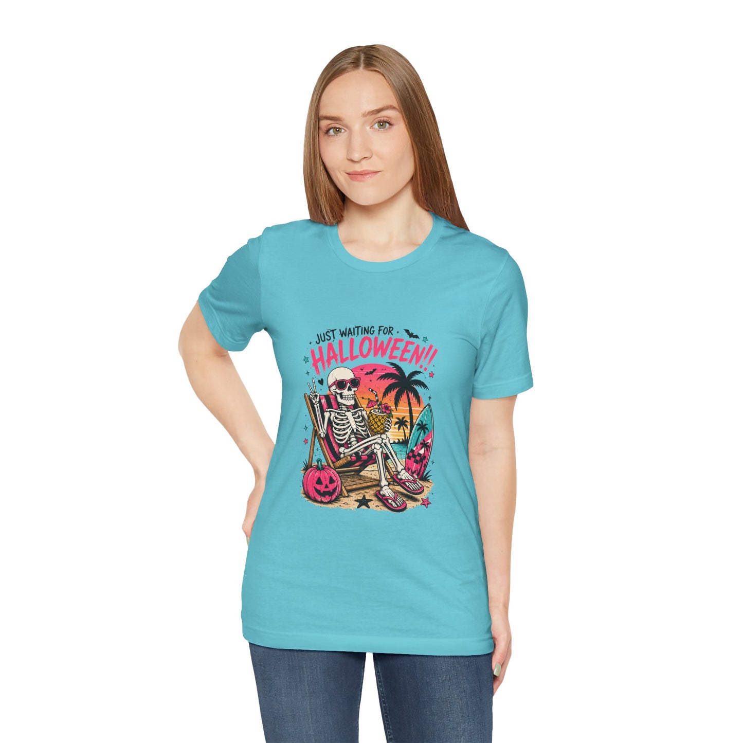 Just Waiting for Halloween Skeleton Beach Scene T-Shirt | Halloween Tee