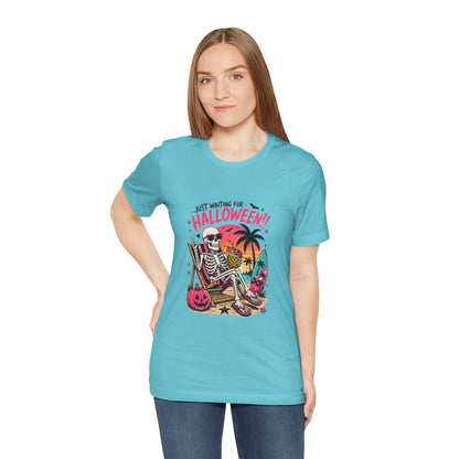Just Waiting for Halloween Skeleton Beach Scene T-Shirt | Halloween Tee