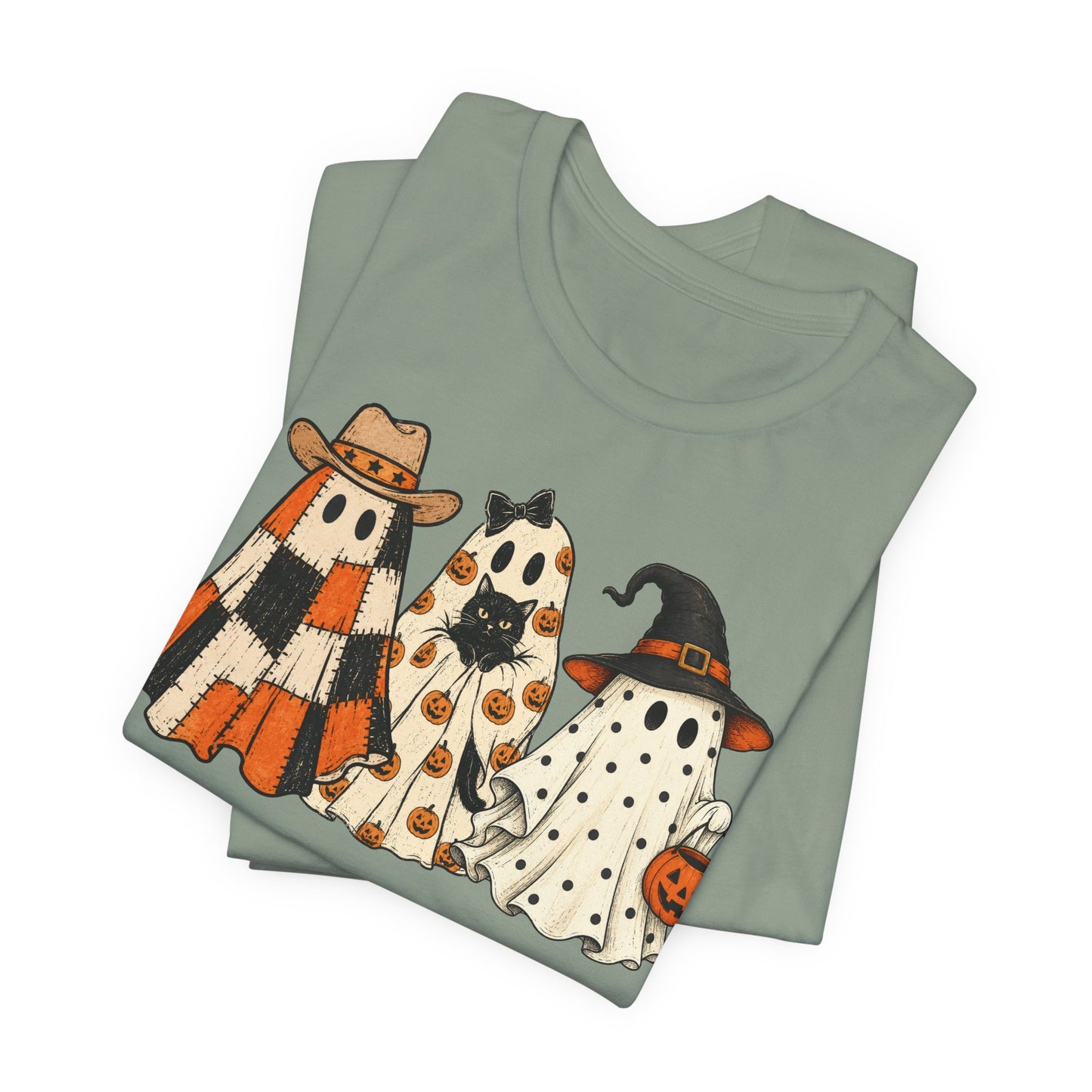 Halloween Ghost Trio T-Shirt — Cute Vintage Ghosts in Hats & Pumpkin Candy Bucket