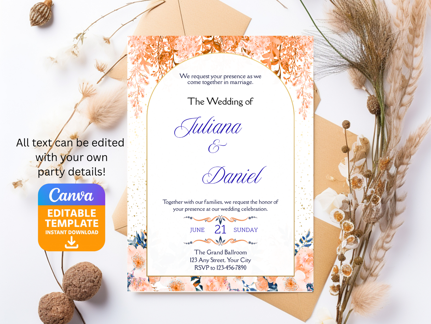 Orange and Blue Wedding Invite - Editable Canva Template