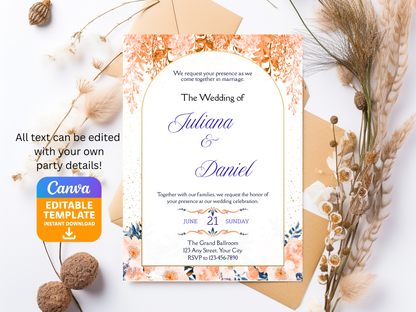Orange and Blue Wedding Invite - Editable Canva Template