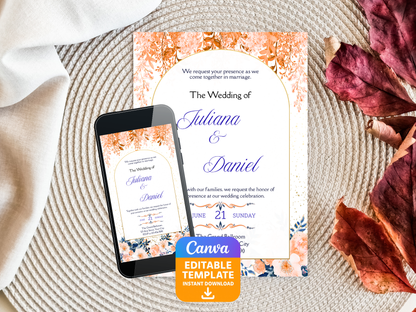 Orange and Blue Wedding Invite - Editable Canva Template